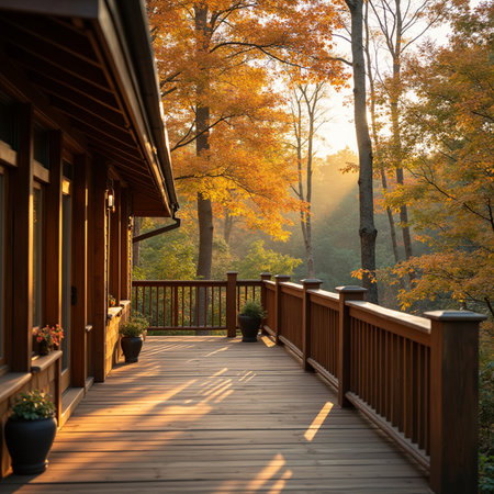 Wooden walkway in the autumn forest. Beautiful autumn landscape.の素材