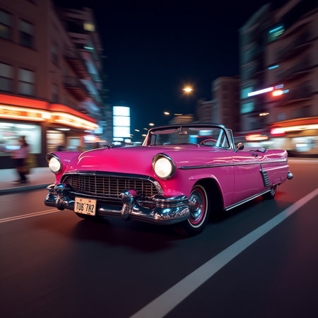 Classic american car on the road at night. 3d renderingの素材