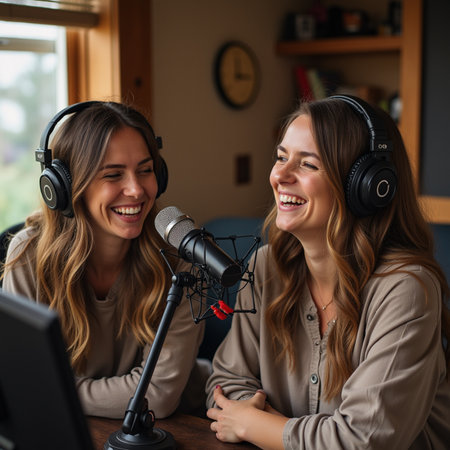 Two young women in headphones speaking into microphone and smiling while sitting at homeの素材