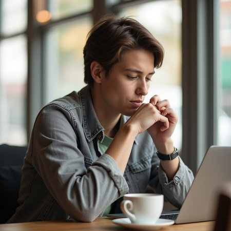 Thoughtful young man sitting in cafe and looking at laptop screenの素材