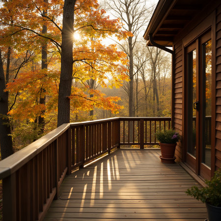 Wooden deck in the autumn forest with colorful trees and sun raysの素材