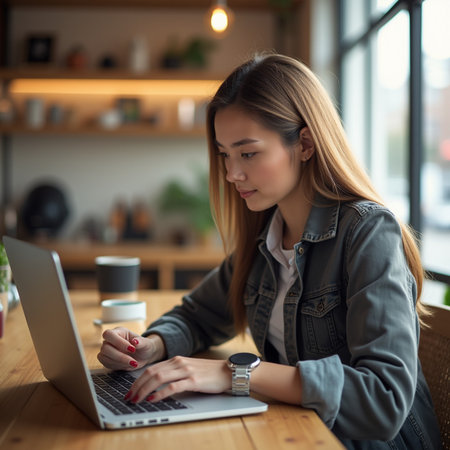 Beautiful asian woman using laptop computer in coffee shop, business conceptの素材