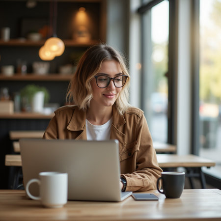 Portrait of smiling young woman in eyeglasses using laptop in cafeの素材