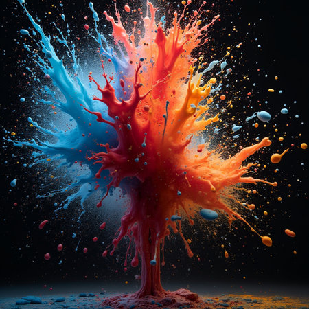 Colorful paint splashes isolated on black background. 3d renderingの素材