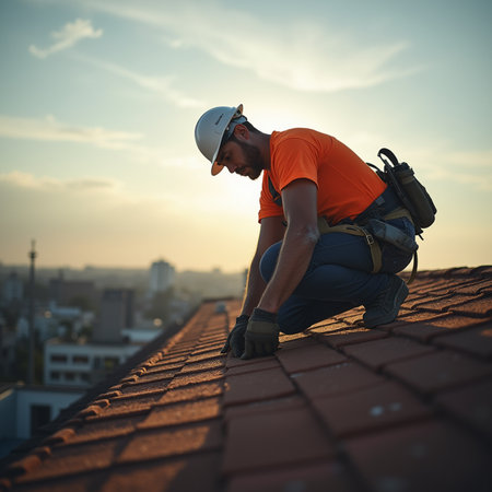 Worker on the roof of the house. A man in a helmet and a t-shirt.の素材