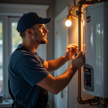 Plumber repairing boiler at home. He is checking the temperature.の素材