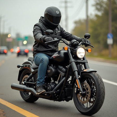 Motorcyclist in a black leather jacket and helmet sits on a chopper on the roadの素材