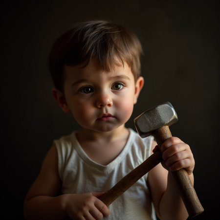 Cute little boy with a hammer on a dark background. Selective focus.の素材