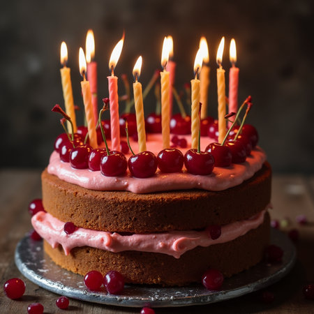 Birthday cake with cherries and candles on a wooden background.の素材