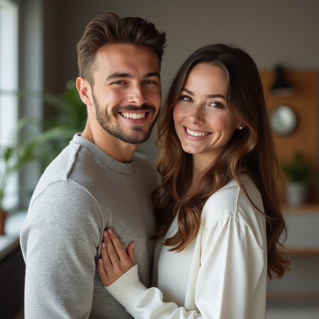 Portrait of happy young couple looking at camera and smiling at homeの素材