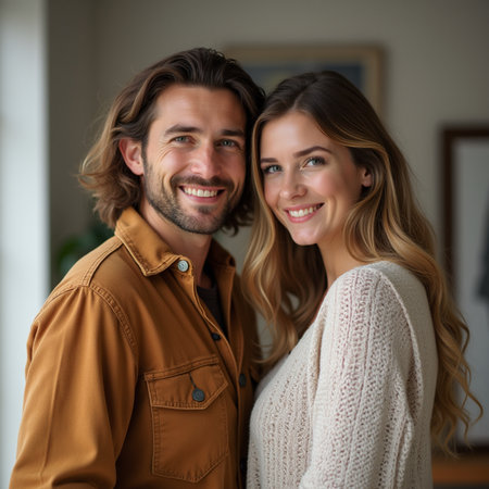 Portrait of happy young couple smiling at camera in living room at homeの素材