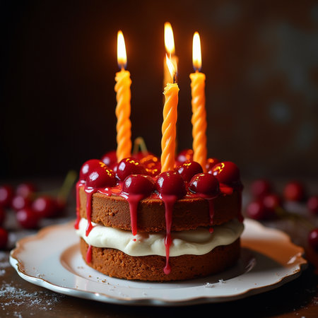 Birthday cake with cherries and candles on a wooden background.の素材