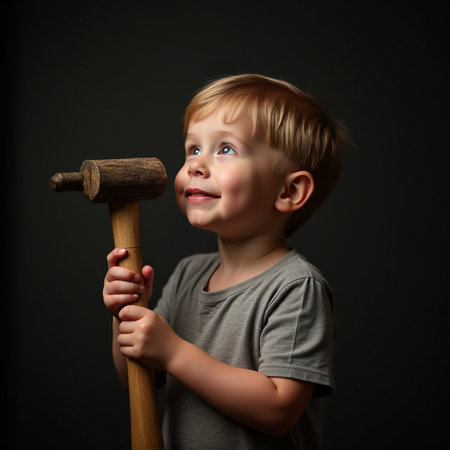 Portrait of a little boy with a hammer on a dark backgroundの素材