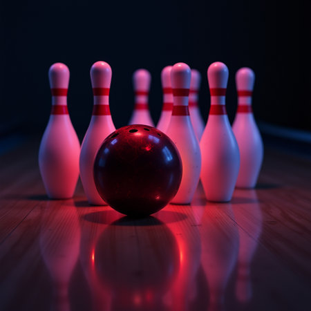Bowling ball and skittles on the bowling alley. 3d illustration.の素材
