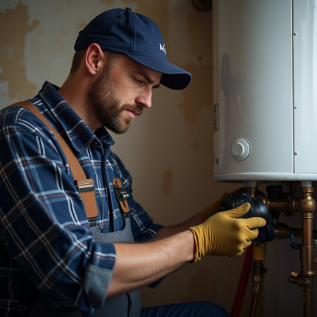 Plumber repairing heating system at home. Plumber fixing heating system.の素材