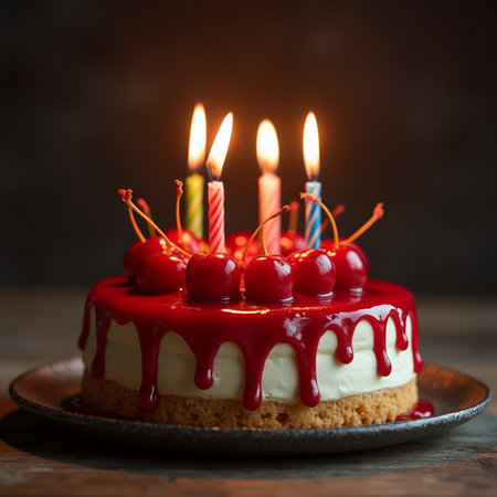Birthday cake with cherries and candles on wooden table, selective focusの素材