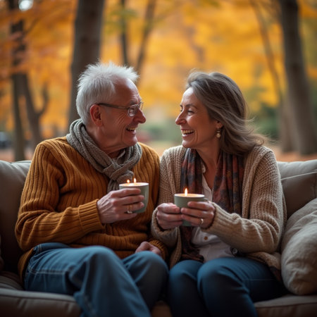 Portrait of happy senior couple drinking tea on sofa in autumn parkの素材