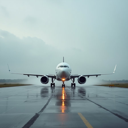 Airplane on the runway in the rainy weather. Shallow depth of field.の素材