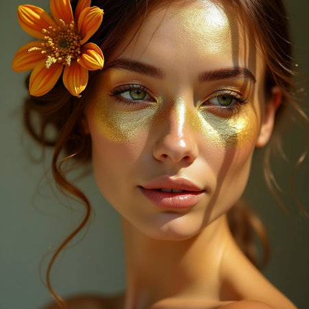 Portrait of a beautiful young woman with golden make-up and flowers in her hairの素材