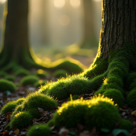 Beautiful green moss growing on the ground in a forest at sunsetの素材