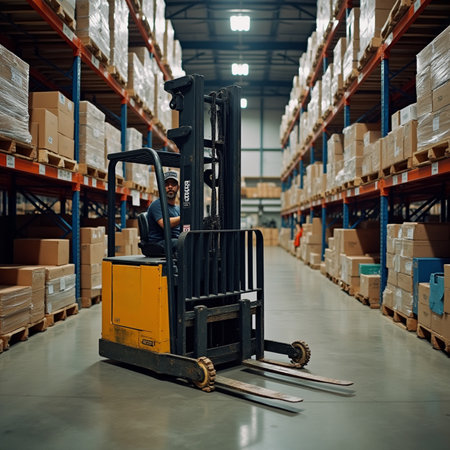 Warehouse worker driving forklift in warehouse. This is a freight transportation and distribution warehouse. Industrial and industrial workers conceptの素材
