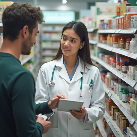 Smiling pharmacist showing digital tablet to male customer in drugstoreの素材