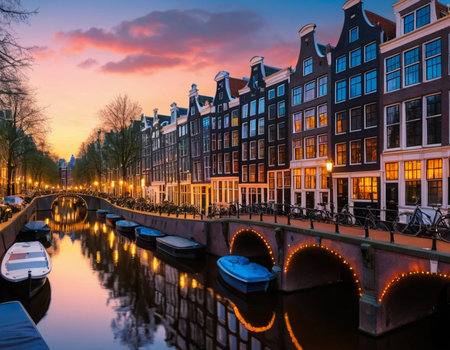 Amsterdam canals at sunset, Netherlands. Beautiful view of Amsterdam canals.の素材