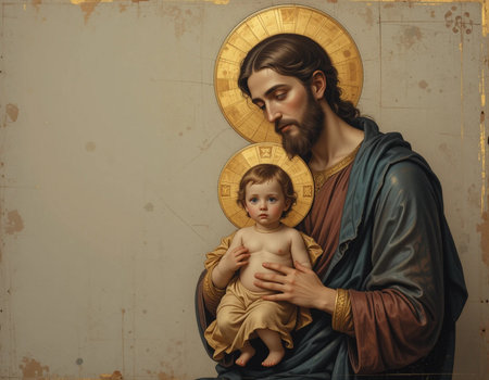 Portrait of Jesus Christ with baby Jesus Christ in the church.の素材