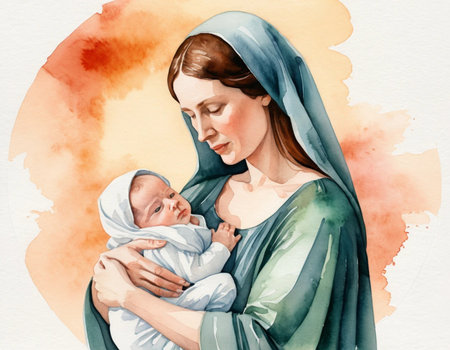 Nativity Scene with Mary and baby Jesus, watercolor illustration.の素材