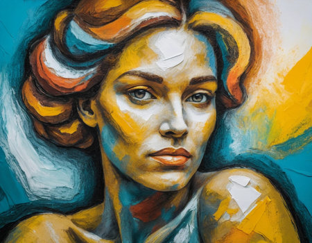 Abstract oil painting of a woman's face with multicolored hair.の素材