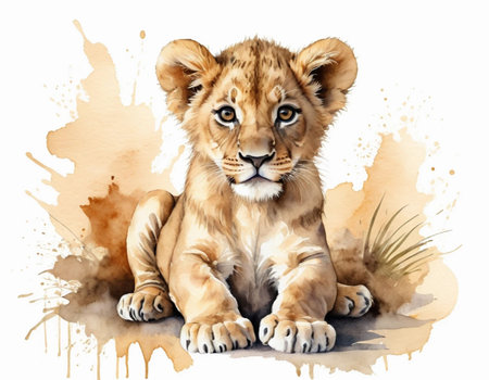 Lion cub isolated on white background. Watercolor hand drawn illustrationの素材