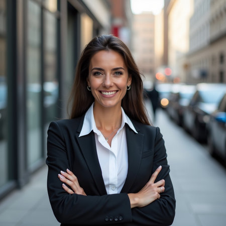 Portrait of a smiling businesswoman standing with arms crossed in the streetの素材