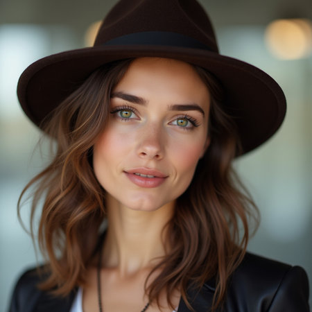Close up portrait of a beautiful young woman wearing hat and jacket.の素材