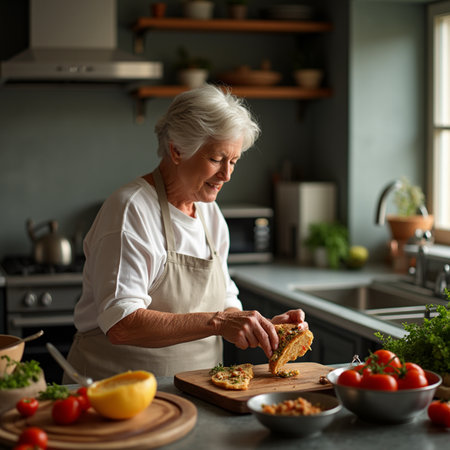 Elderly woman cooking in the kitchen at home. Portrait of a happy senior woman in apron standing at table and eating pizza.の素材