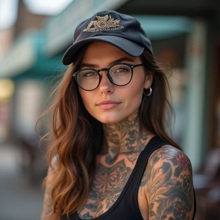Portrait of a beautiful girl with tattoos on her arms, wearing a cap and glasses.の素材