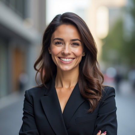 Closeup portrait of beautiful young business woman in black suit, outdoorsの素材