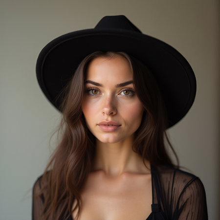 Portrait of a beautiful young woman in black hat. Beauty, fashion.の素材