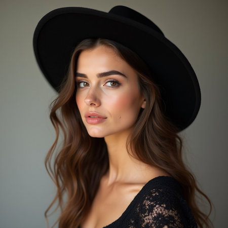 Portrait of beautiful young woman in black hat looking at camera.の素材