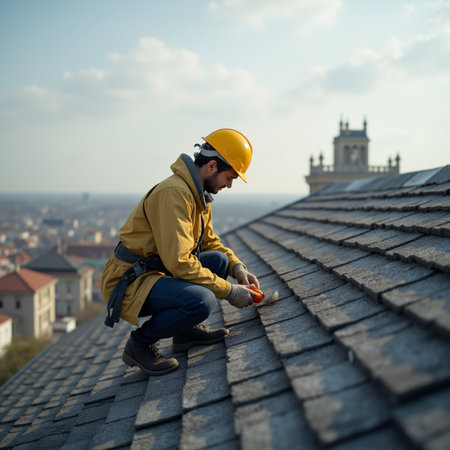 Worker in yellow uniform and helmet on the roof of the house.の素材