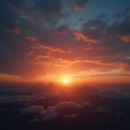 Aerial view of beautiful sunset above the clouds. 3d renderの素材