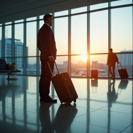 Businessman with luggage in airport terminal at sunrise. Travel concept.の素材