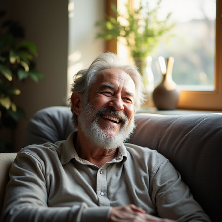 Portrait of happy senior man smiling while sitting on sofa at homeの素材