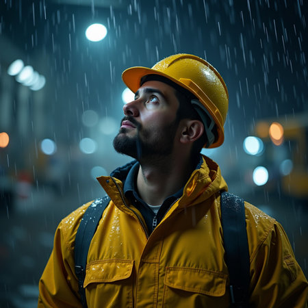Portrait of a worker in a yellow helmet on the background of a rainy nightの素材