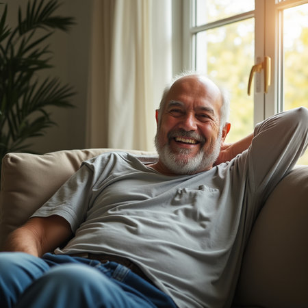 Portrait of a smiling senior man relaxing on a sofa at homeの素材
