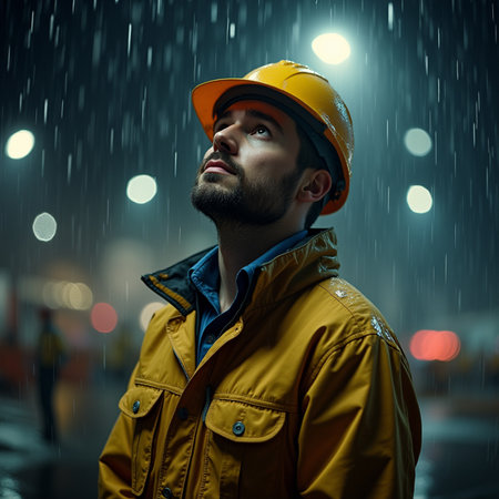 Portrait of a young construction worker standing in the rain on the street.の素材