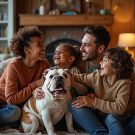 Happy family with their pet dog at home in the living room.の素材