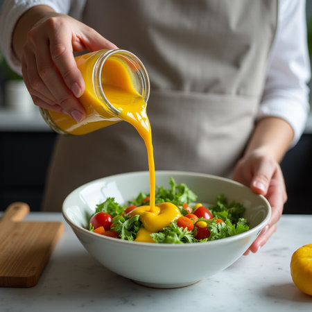 Closeup on woman pouring orange juice into bowl with fresh vegetable saladの素材