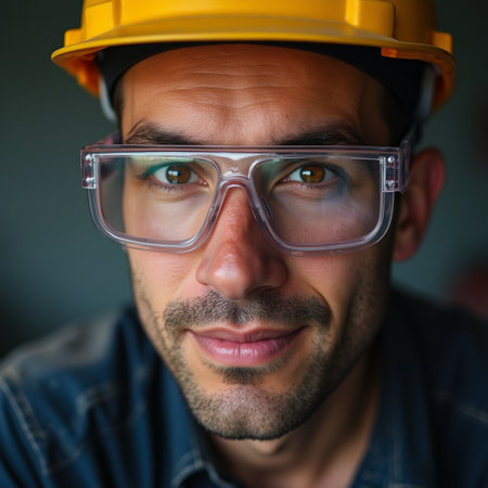 Close-up portrait of a construction worker wearing a hard hat and glassesの素材