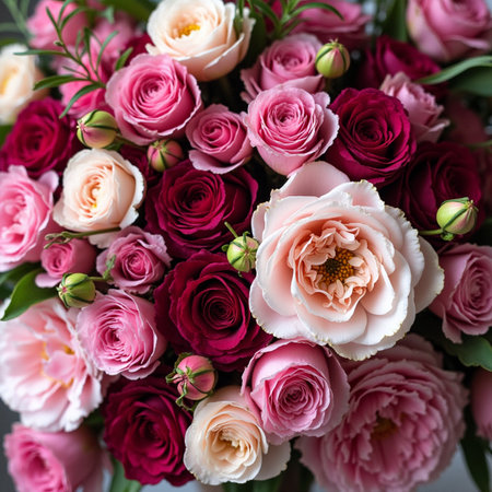 Bouquet of pink and white roses, top view. Floral backgroundの素材