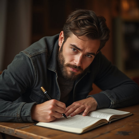 Portrait of a handsome young man with a beard sitting at a table and writing in a notebookの素材